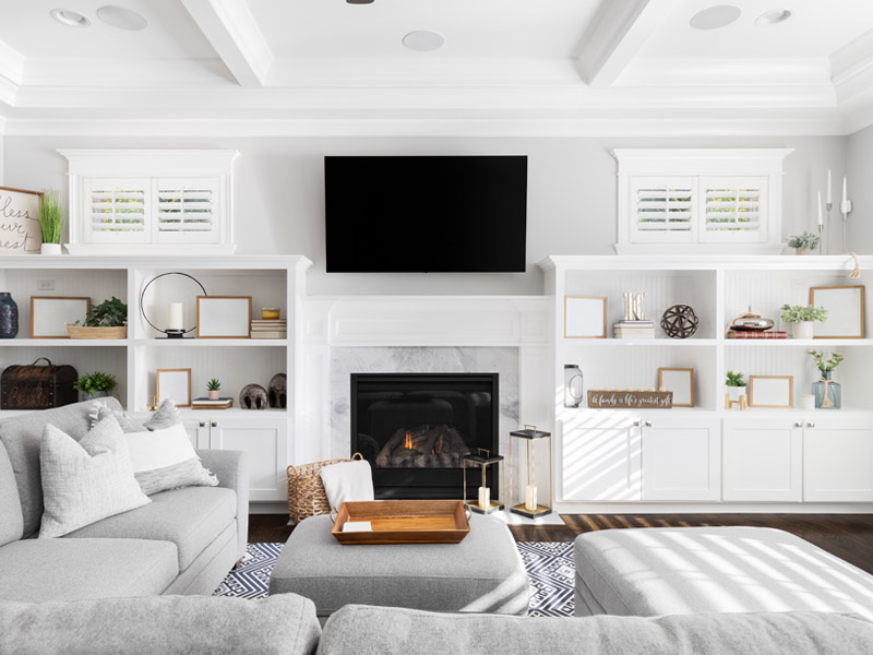 living room with builtins